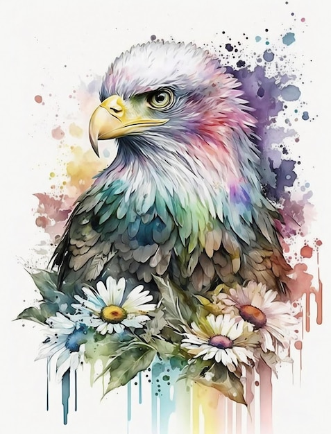 A watercolor painting of a bald eagle with flowers.