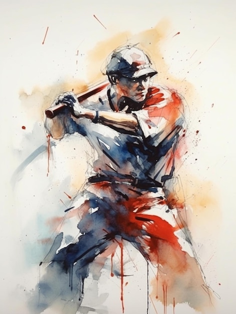 A watercolor painting of a baseball player with a bat.