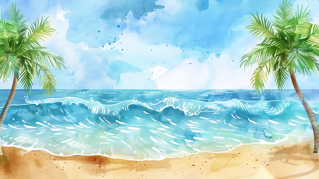 A watercolor painting of a beach scene with a blue sky ocean waves and a sandy beach