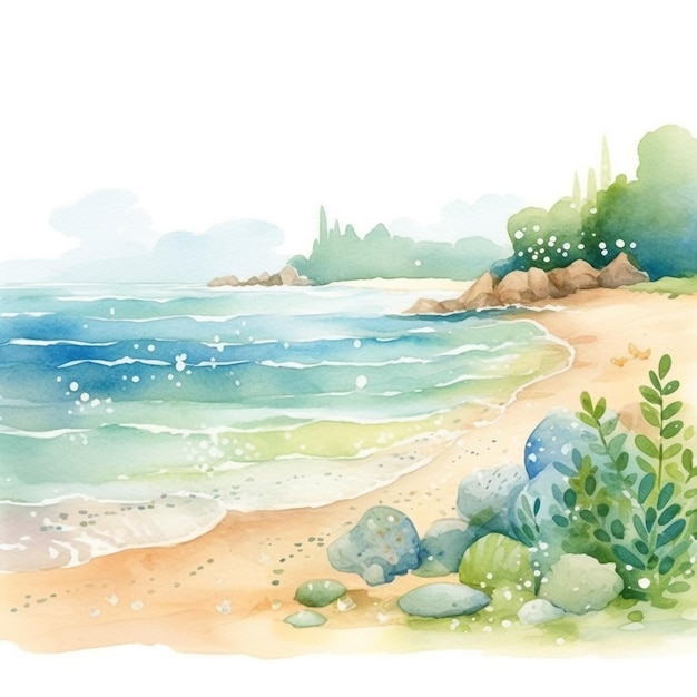 A watercolor painting of a beach with a beach and trees in the background.