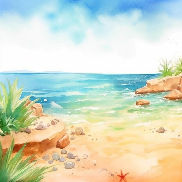 Watercolor painting of a beach with a blue sky and a small starfish.