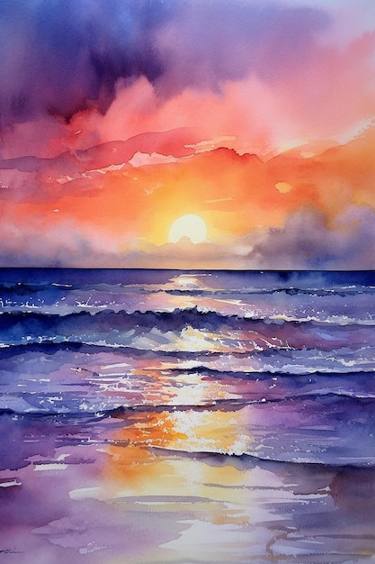 Watercolor painting of a beach with a sunset and clouds