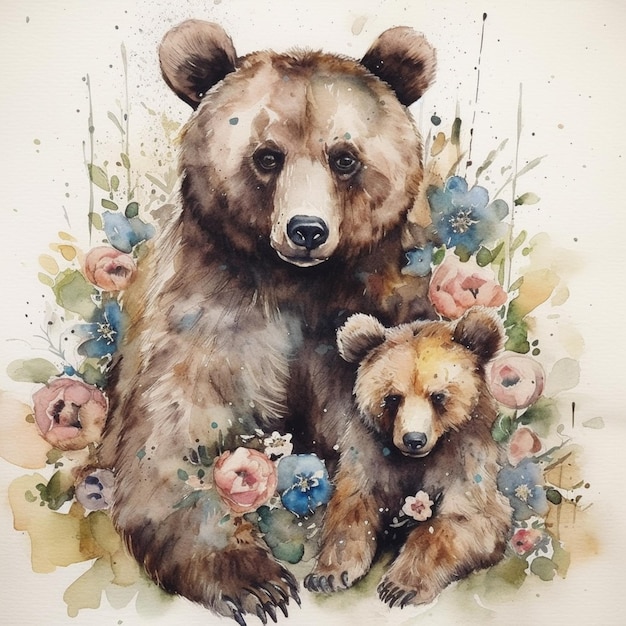 A watercolor painting of a bear and her cub