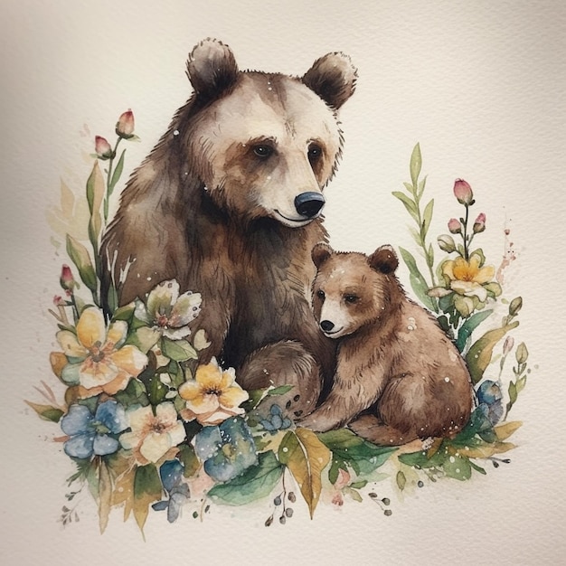 A watercolor painting of a bear and her cub.