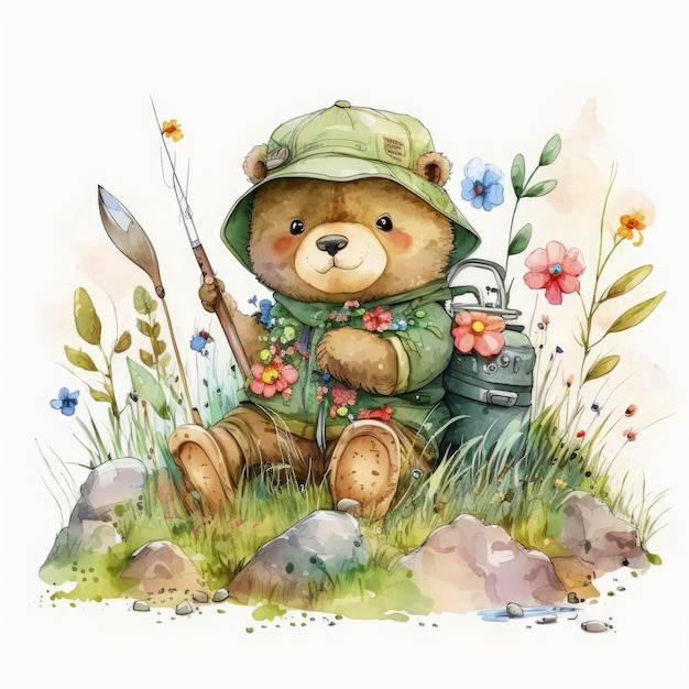 A watercolor painting of a bear with a backpack and a backpack.