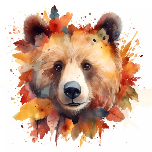 A watercolor painting of a bear with leaves on it