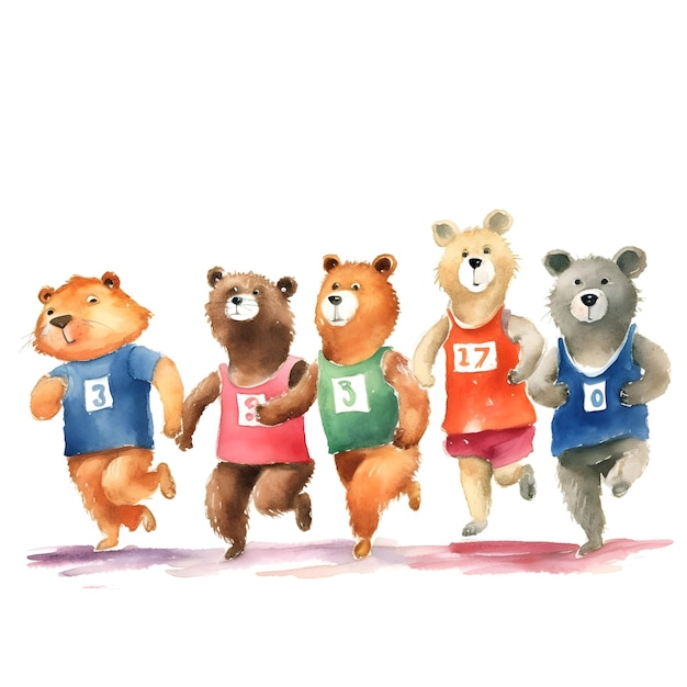 A watercolor painting of bears running in a row.