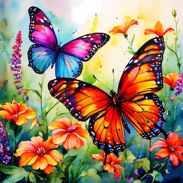 Watercolor painting of beautiful colorful butterflies and flowers illustration