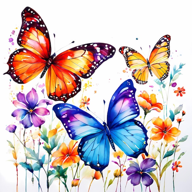 Watercolor painting of beautiful colorful butterflies and flowers illustration