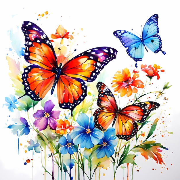 Watercolor painting of beautiful colorful butterflies and flowers illustration