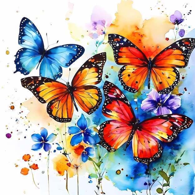 Watercolor painting of beautiful colorful butterflies and flowers illustration