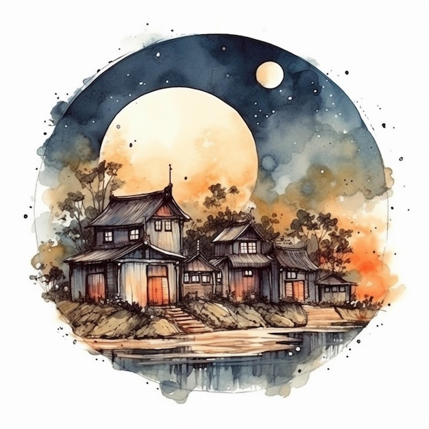 Watercolor painting of a beautiful village