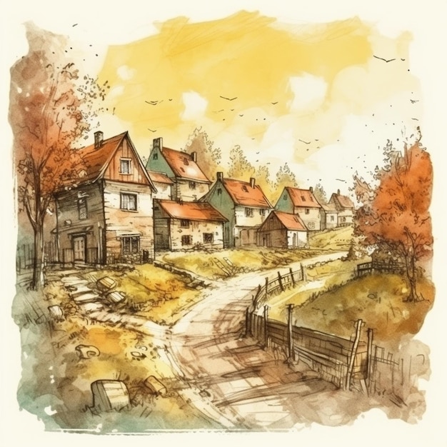 Watercolor painting of a beautiful village