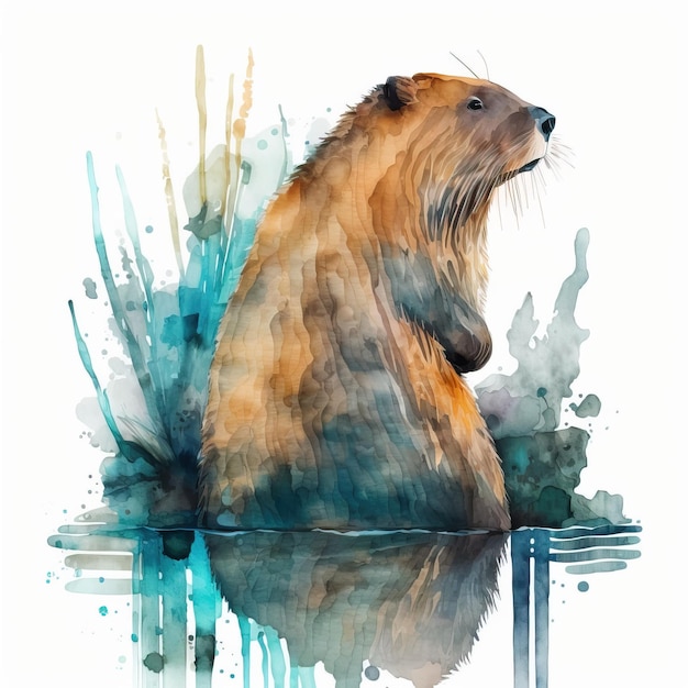 A watercolor painting of a beaver in the water.