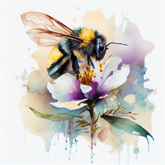 A watercolor painting of a bee on a flower