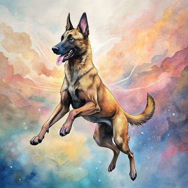 Photo watercolor painting of belgian malinois dog jumping boho style pastel colors