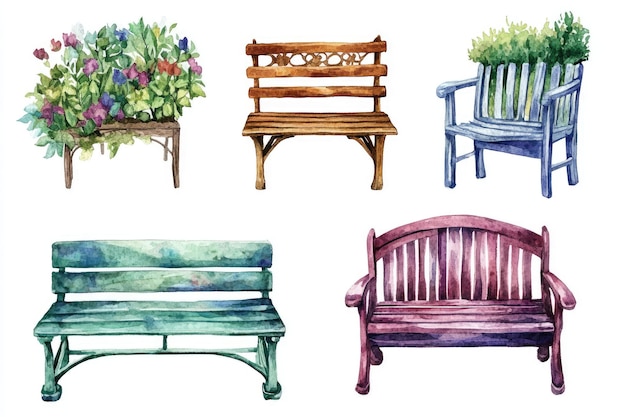 Photo a watercolor painting of a bench and a bench with a bench and flowers