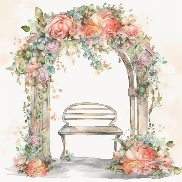 A watercolor painting of a bench and flowers