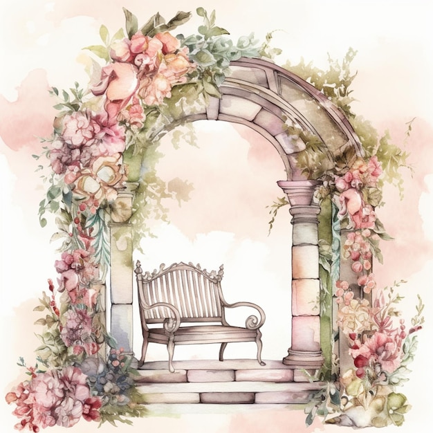 A watercolor painting of a bench in a garden