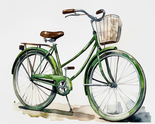 A watercolor painting of a bicycle with a basket on the front