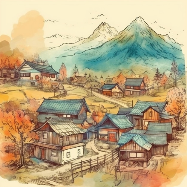 Watercolor painting of a big village