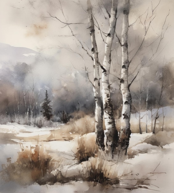 A watercolor painting of birch trees in winter.