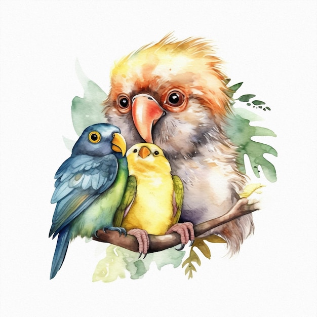 A watercolor painting of a bird with a blue bird on it.