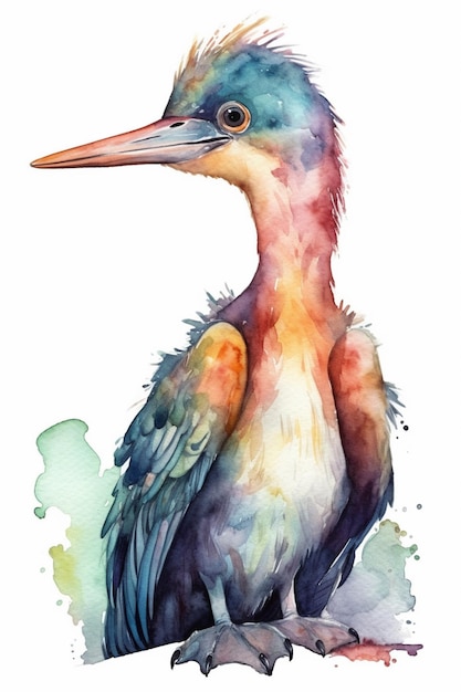 A watercolor painting of a bird with a long neck and a long beak.