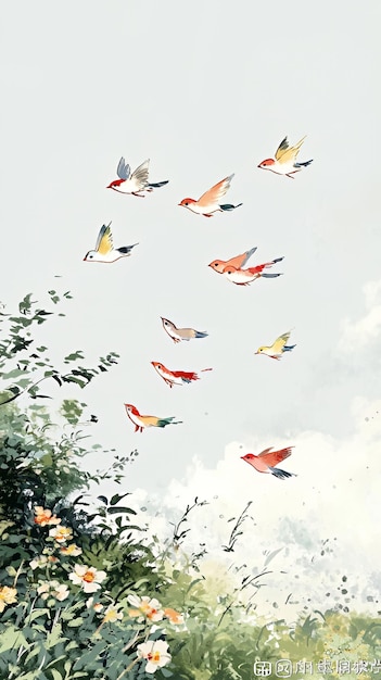 Photo watercolor painting of birds flying over a bush