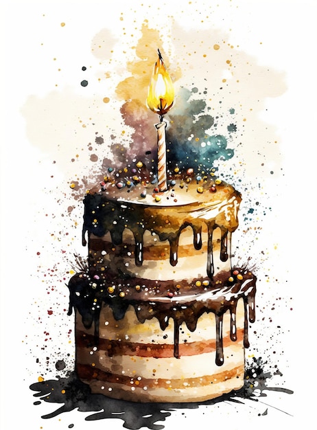 A watercolor painting of a birthday cake with a lit candle.