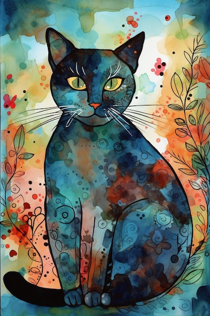 A watercolor painting of a black cat with yellow eyes sits on a floral background.