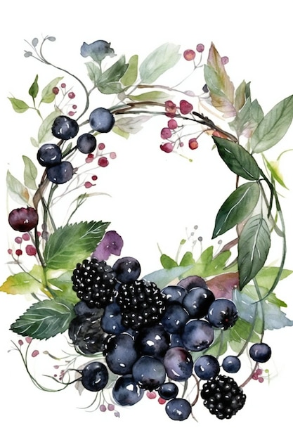 A watercolor painting of blackberries and blueberries.