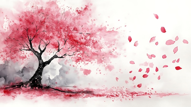 Watercolor painting of a blooming cherry tree with falling petals