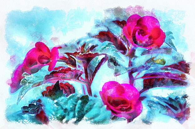 Watercolor painting blooming flowers Modern digital art imitation of hand painted with aquarells dye