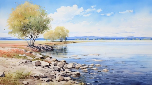 Watercolor Painting Of Blue Autumn Sky And Trees Near Water