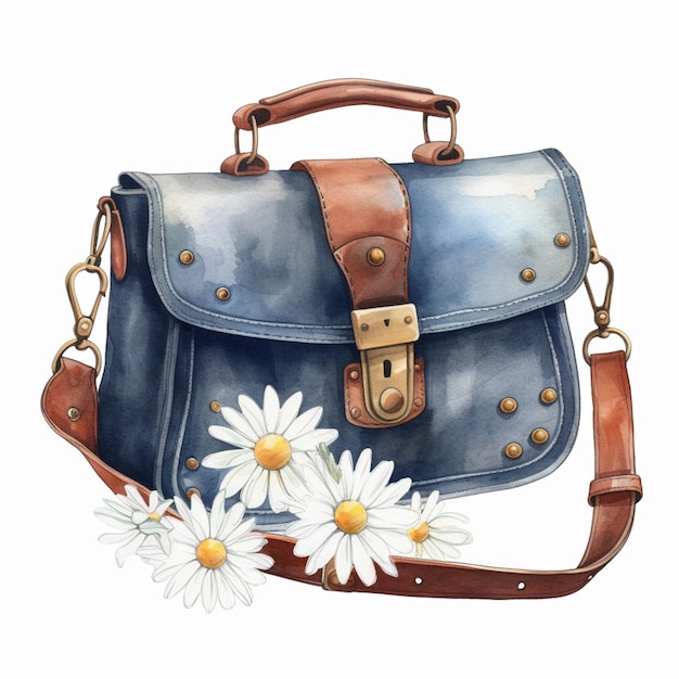 A watercolor painting of a blue bag with daisies on it.