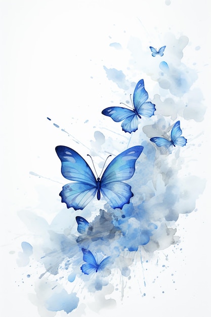 A watercolor painting of blue butterflies with blue and white spots.