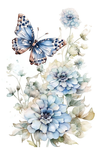 A watercolor painting of a blue butterfly and flowers.