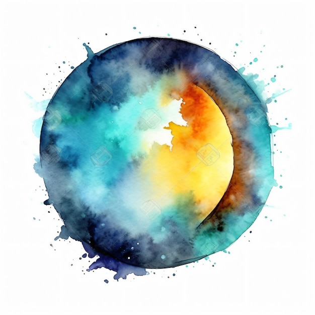 A watercolor painting of a blue circle with a yellow circle and the word moon on it.