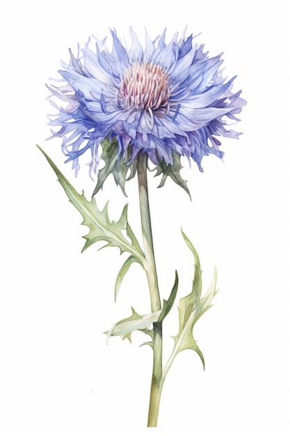 A watercolor painting of a blue flower with a green leaf on it.