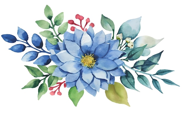 A watercolor painting of a blue flower with green leaves