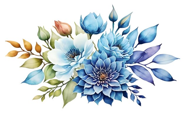 A watercolor painting of a blue flower with green leaves