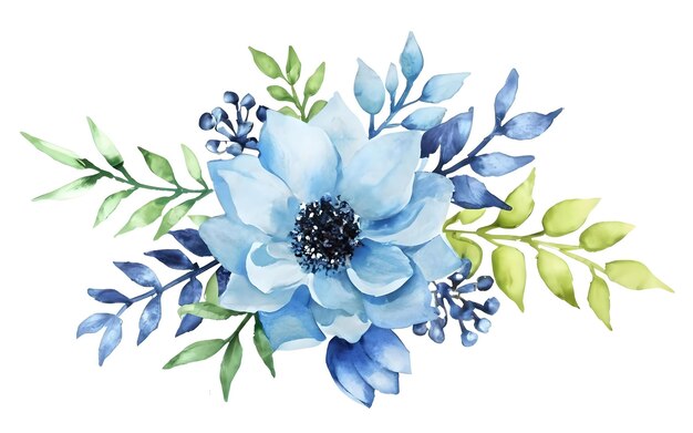 A watercolor painting of a blue flower with green leaves