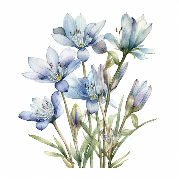 A watercolor painting of a blue flower with the word spring on it.