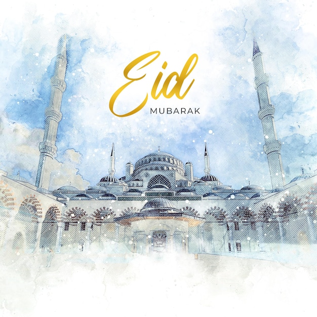 Watercolor painting of a blue mosque with the words eid mufa