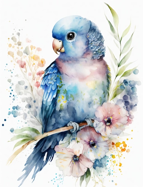 A watercolor painting of a blue parrot with flowers