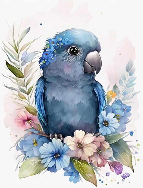 A watercolor painting of a blue parrot