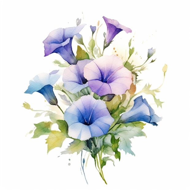 A watercolor painting of blue and purple flowers.