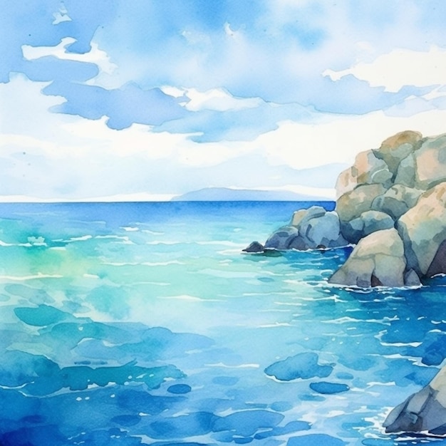 Photo watercolor painting of a blue sea with a cloudy sky