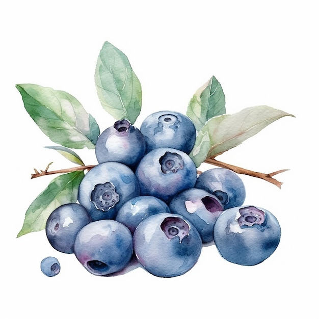 A watercolor painting of blueberries with leaves